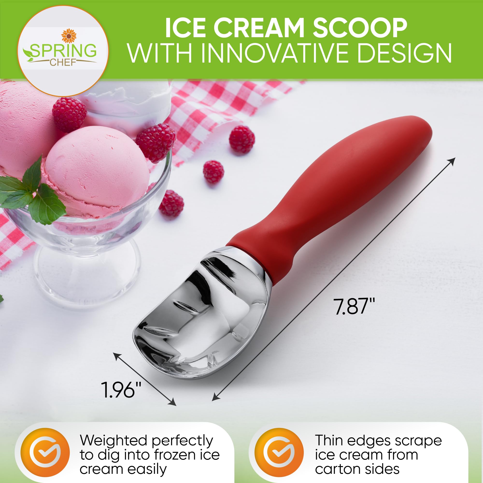 Spring Chef red scoop with non-slip handle offers comfortable grip for easy scooping.