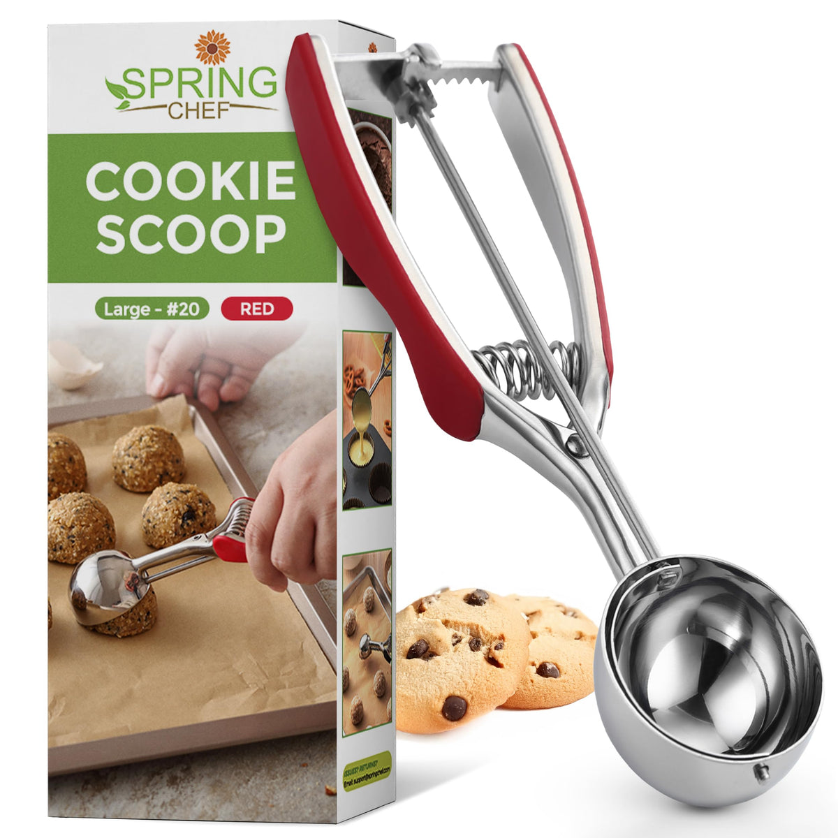Spring Chef red large stainless steel cookie scoop with trigger release for evenly sized cookies