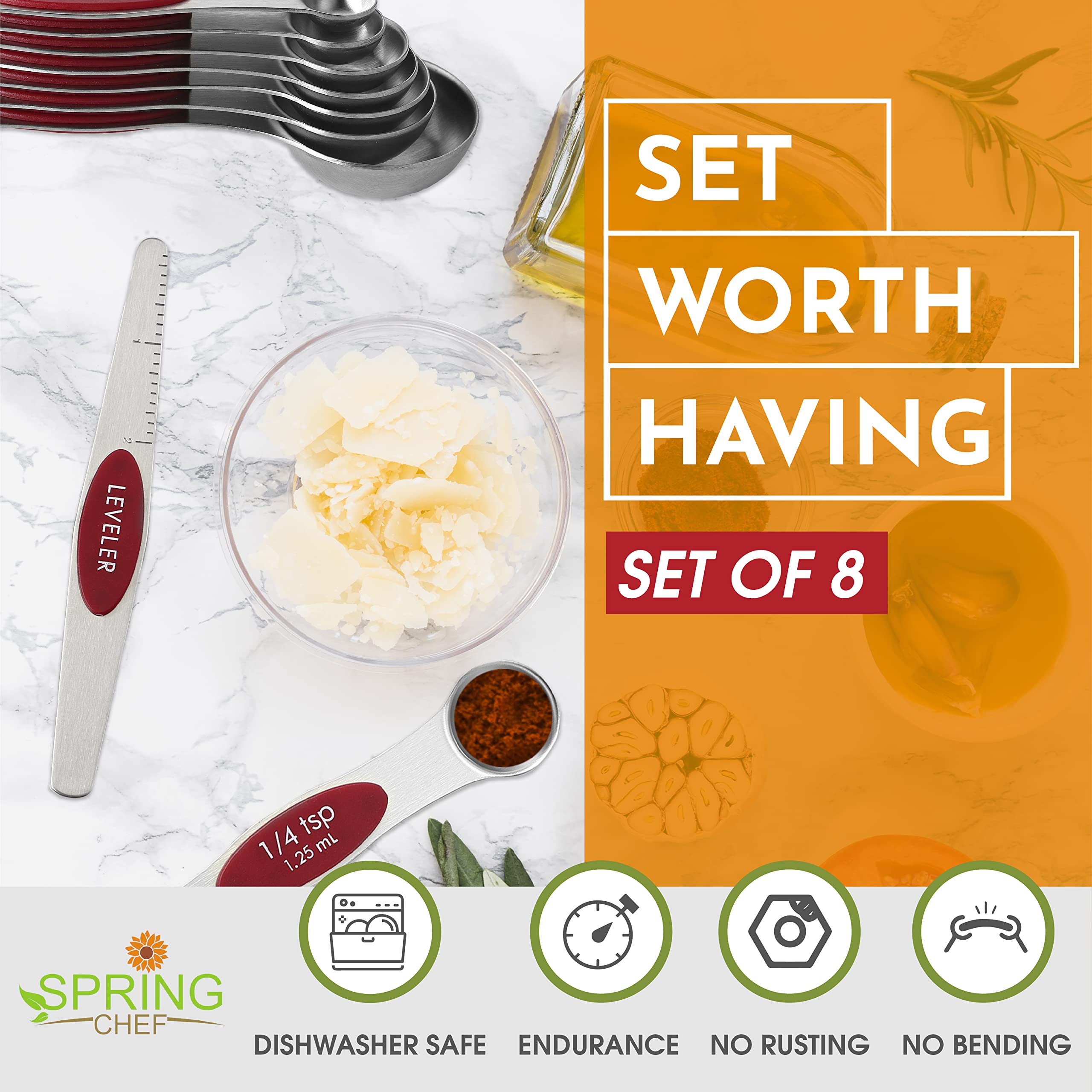 Spring Chef red round-end spoon designed for liquids and smooth pours.