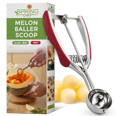 Spring Chef red small one-tablespoon cookie scoop illustrates precise dough portions for uniform cookies every bake.
