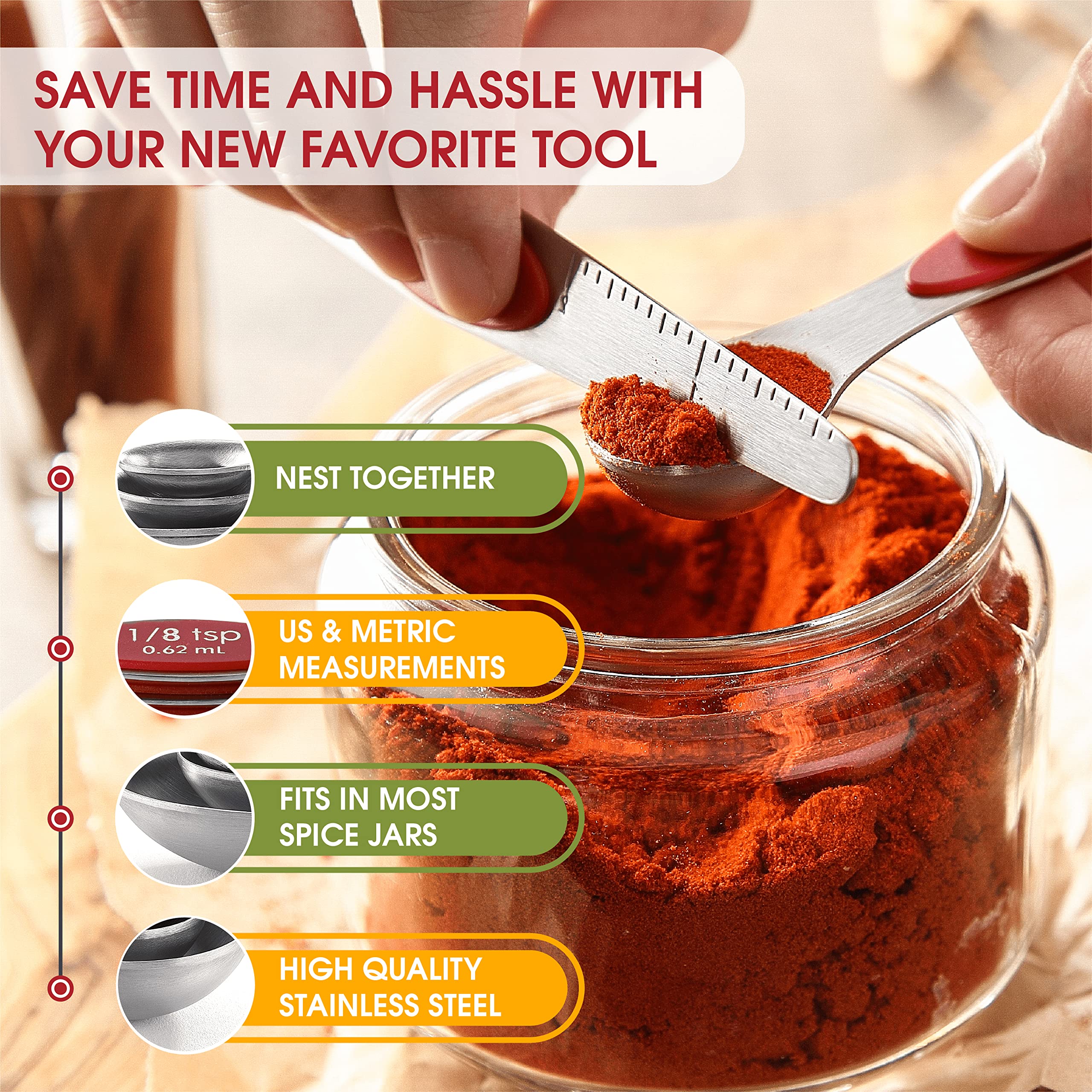 Spring Chef red spoons resist rust and bending for lasting use.
