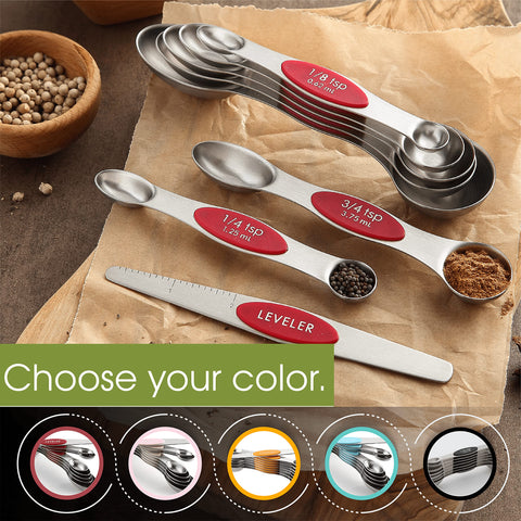 Spring Chef red measuring spoons include a leveler for precise results.
