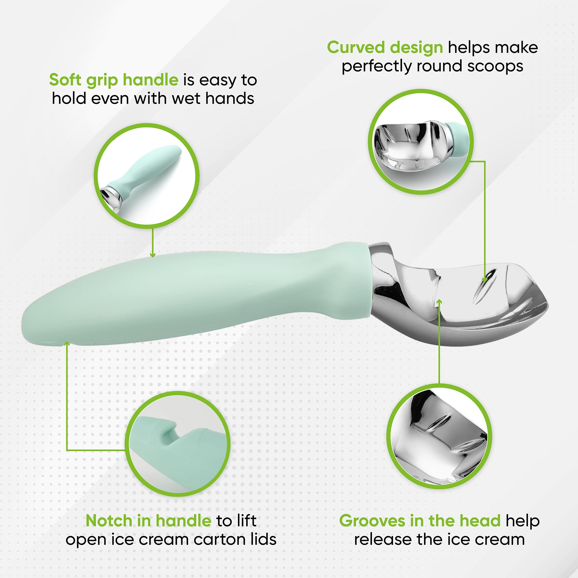 Spring Chef scoop-and-spade design combines efficiency with control for hard frozen desserts.