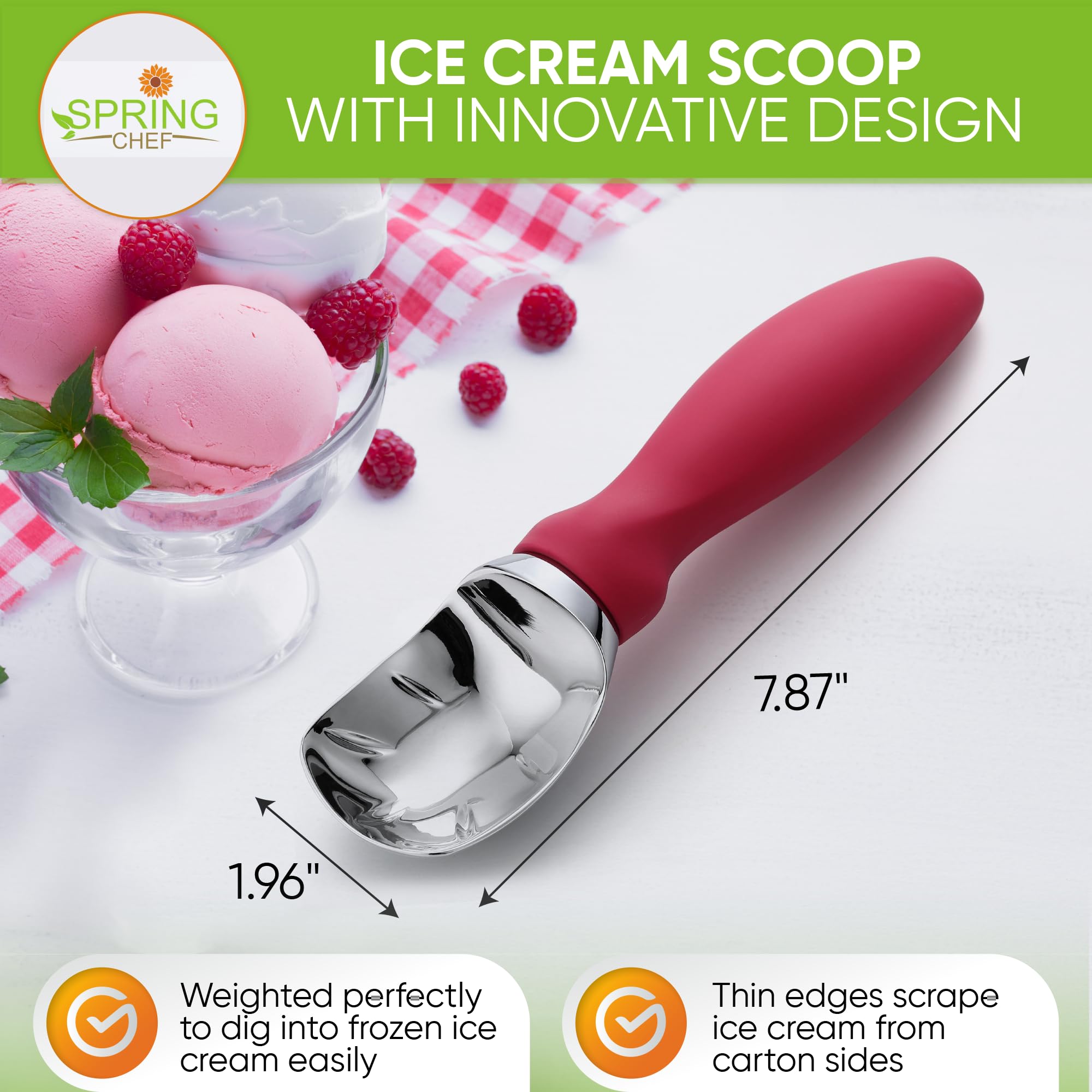 Spring Chef soft-grip handle ice cream scoop provides comfortable, non-freezing grip.