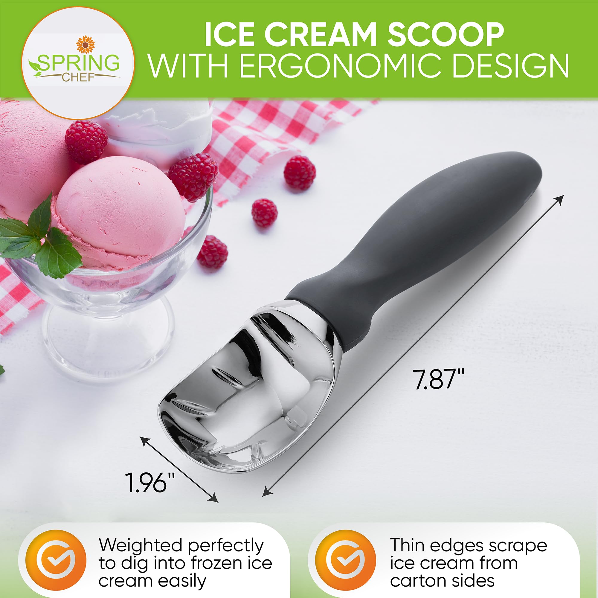 Spring Chef soft grip handle ice cream scoop shown with wet hands for comfortable control.