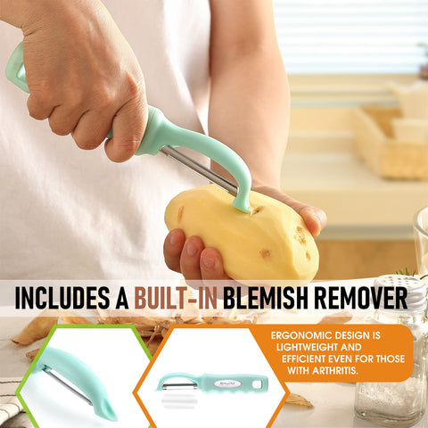 Spring Chef ergonomic design makes peeling comfortable and efficient for arthritis.