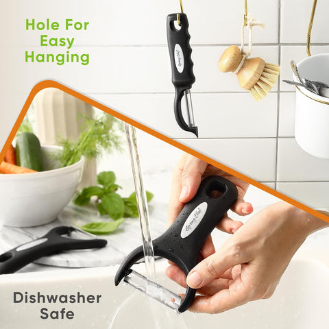 Spring Chef Soft-grip handle enables comfortable peeling for both hands.