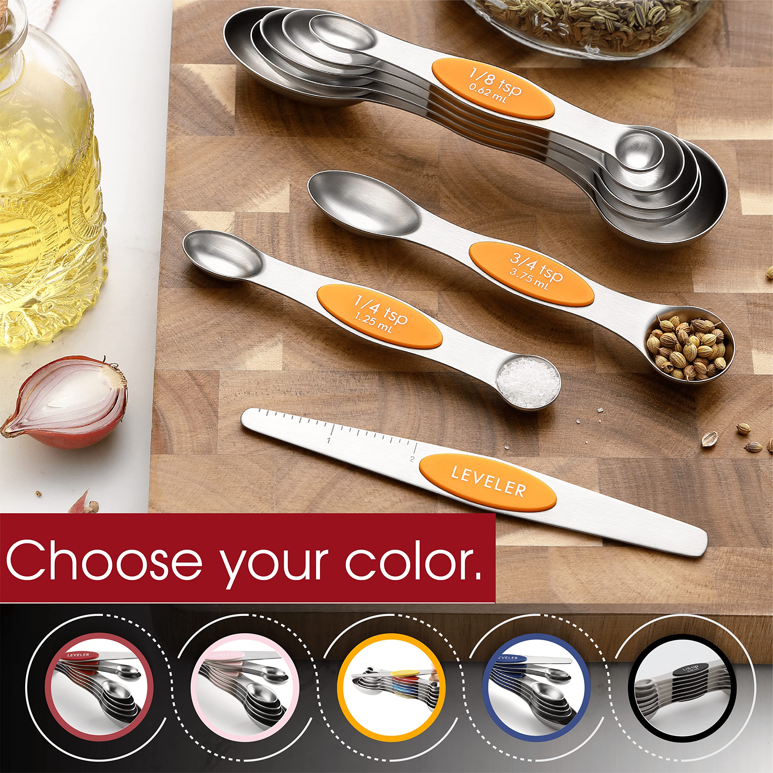 Spring Chef Mango spoons lay flat on the counter to prevent spills.