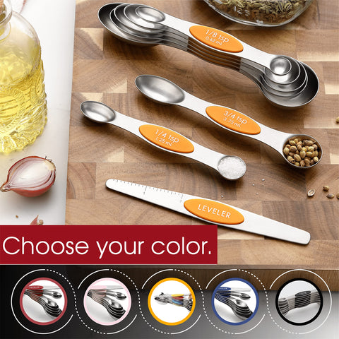 Spring Chef Mango spoons lay flat on the counter to prevent spills.