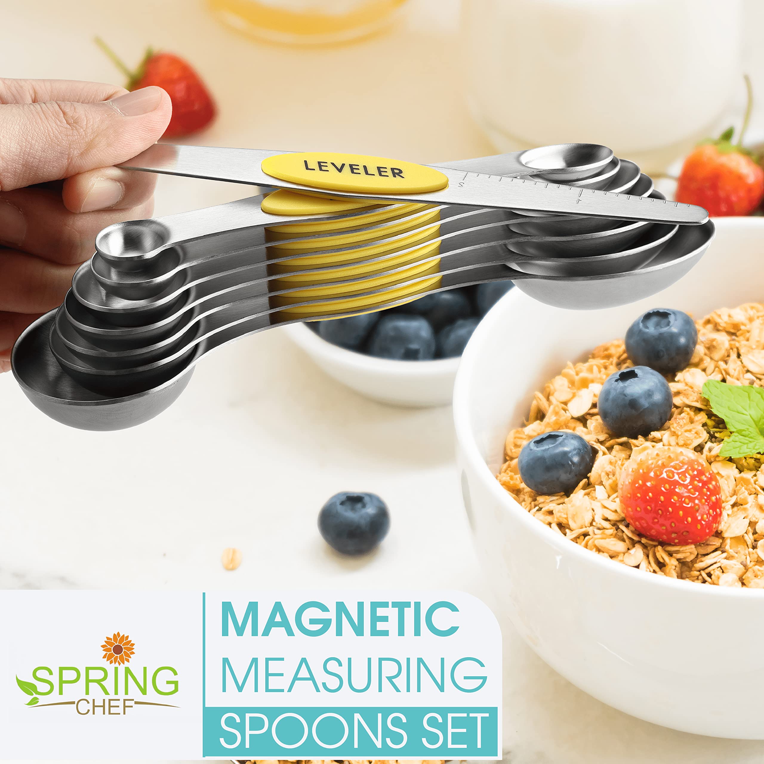 Spring Chef measuring spoons with leveler included for exact measurements.