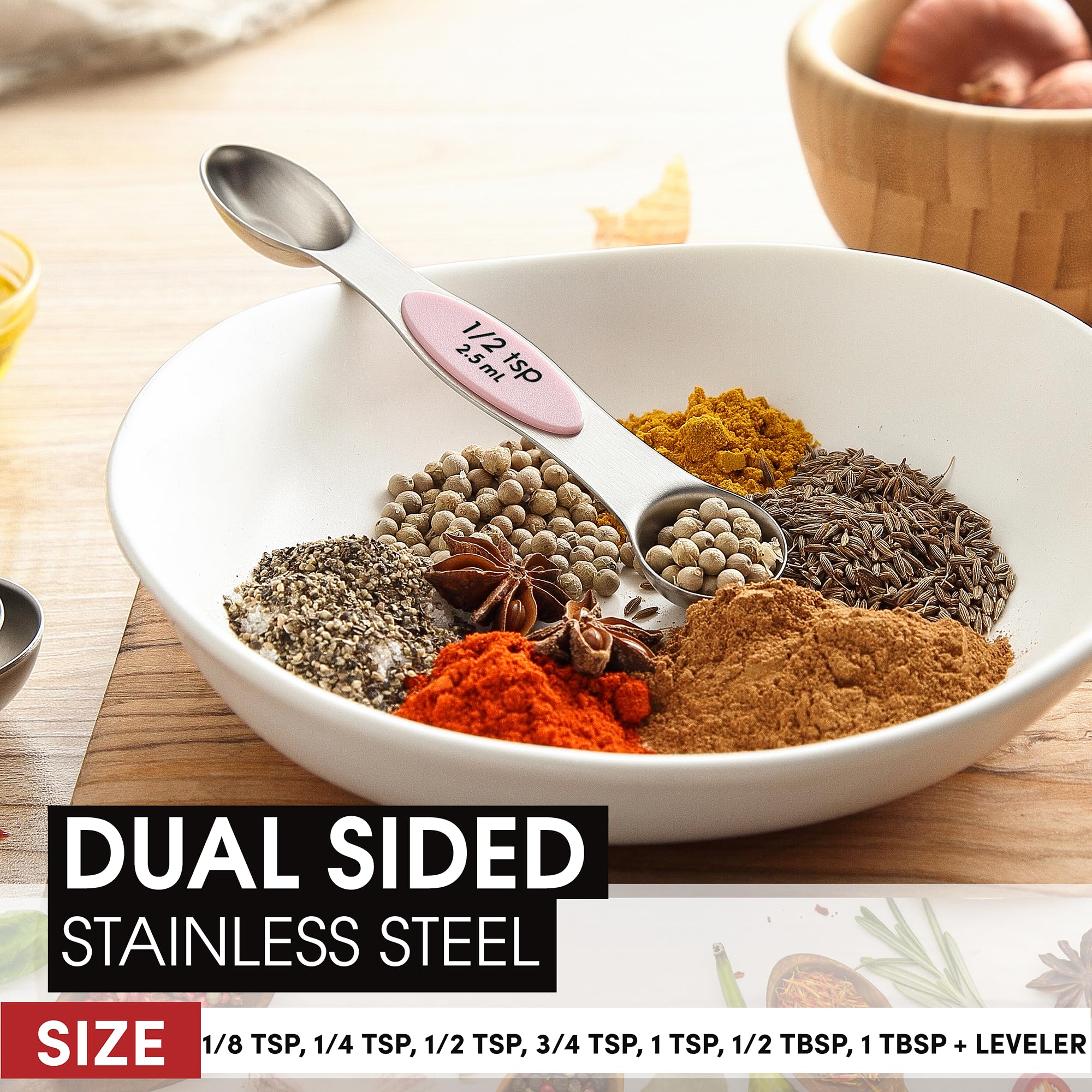 Spring Chef measuring spoons display clear US and metric markings.