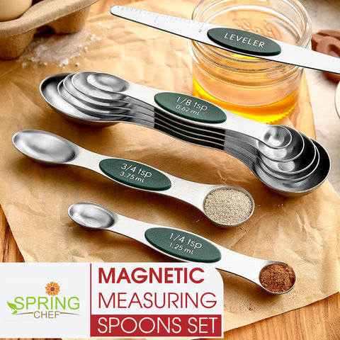 Spring Chef spoons feature clear metric and US markings for readability.