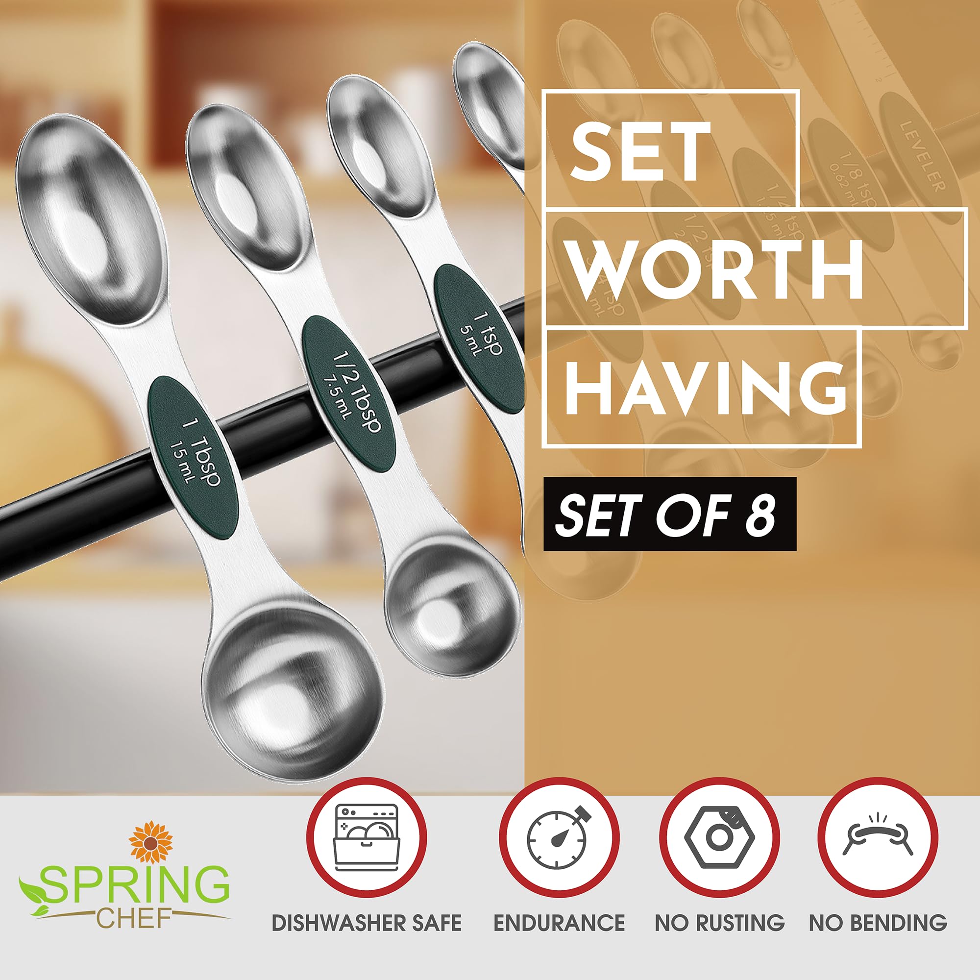 Spring Chef spoons nest neatly for organized storage and quick access.