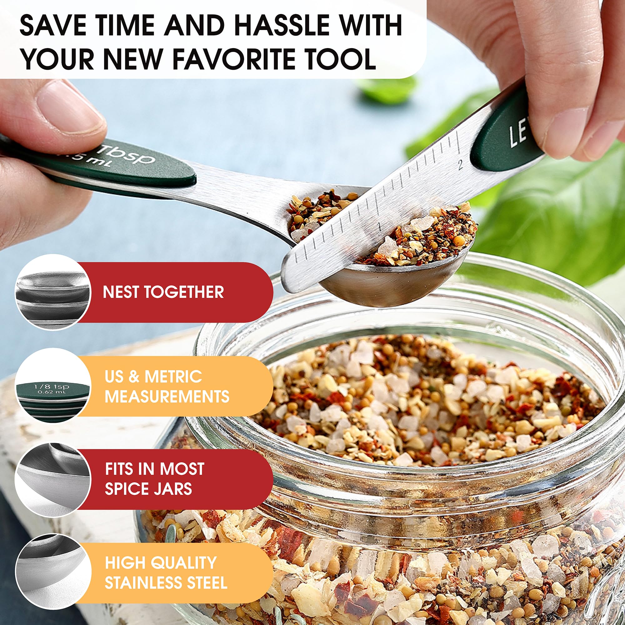 Spring Chef spoon fits into spice jars without spilling for clean scooping.