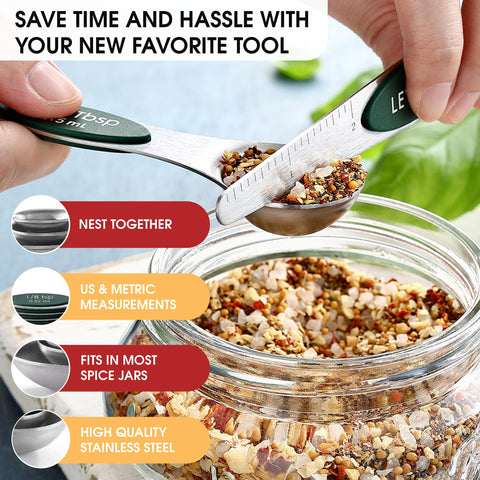 Spring Chef spoon fits into spice jars without spilling for clean scooping.