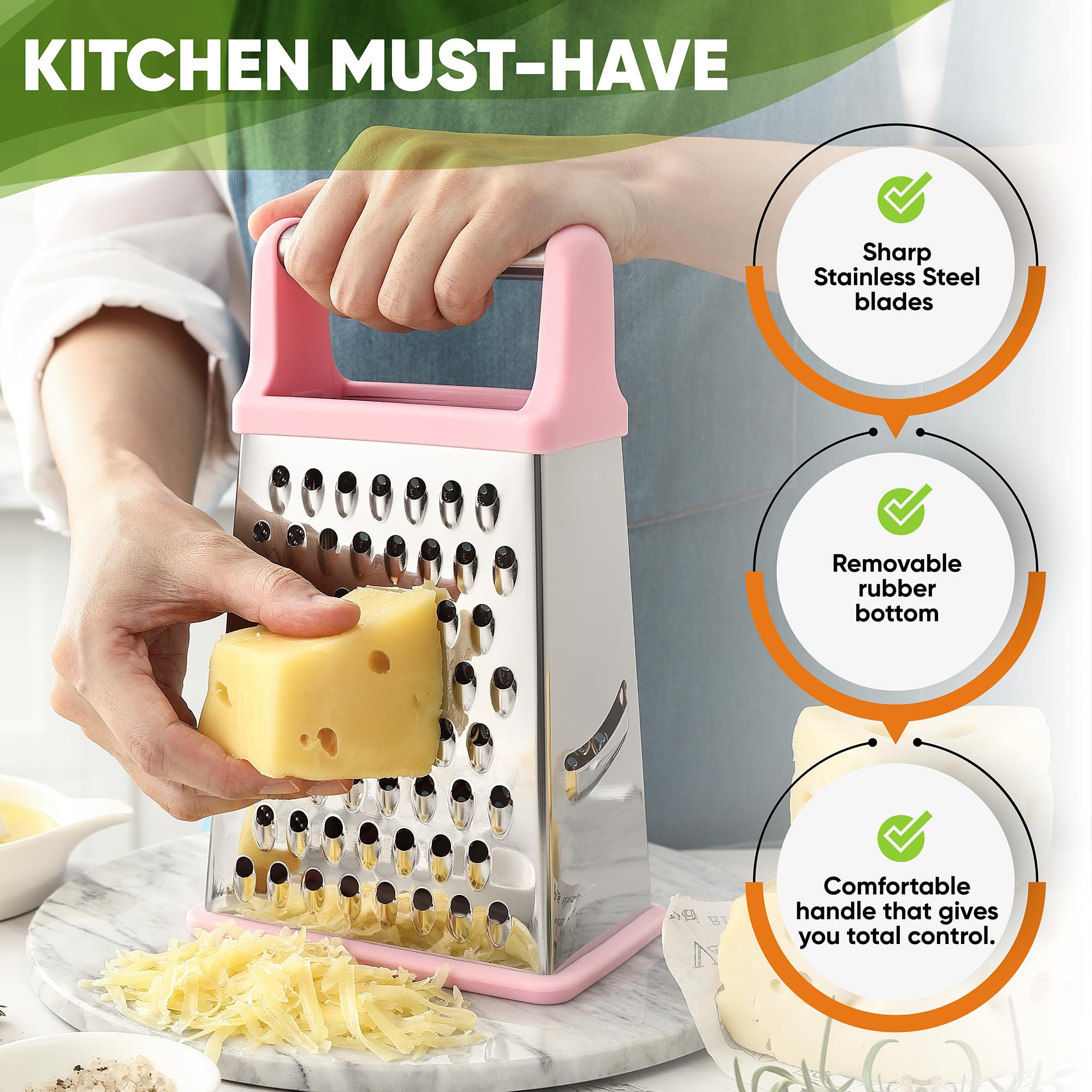 Spring Chef stainless steel blades deliver sharp grating for cheese, potatoes, and vegetables.