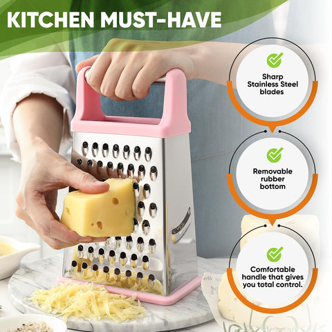 Spring Chef stainless steel blades deliver sharp grating for cheese, potatoes, and vegetables.