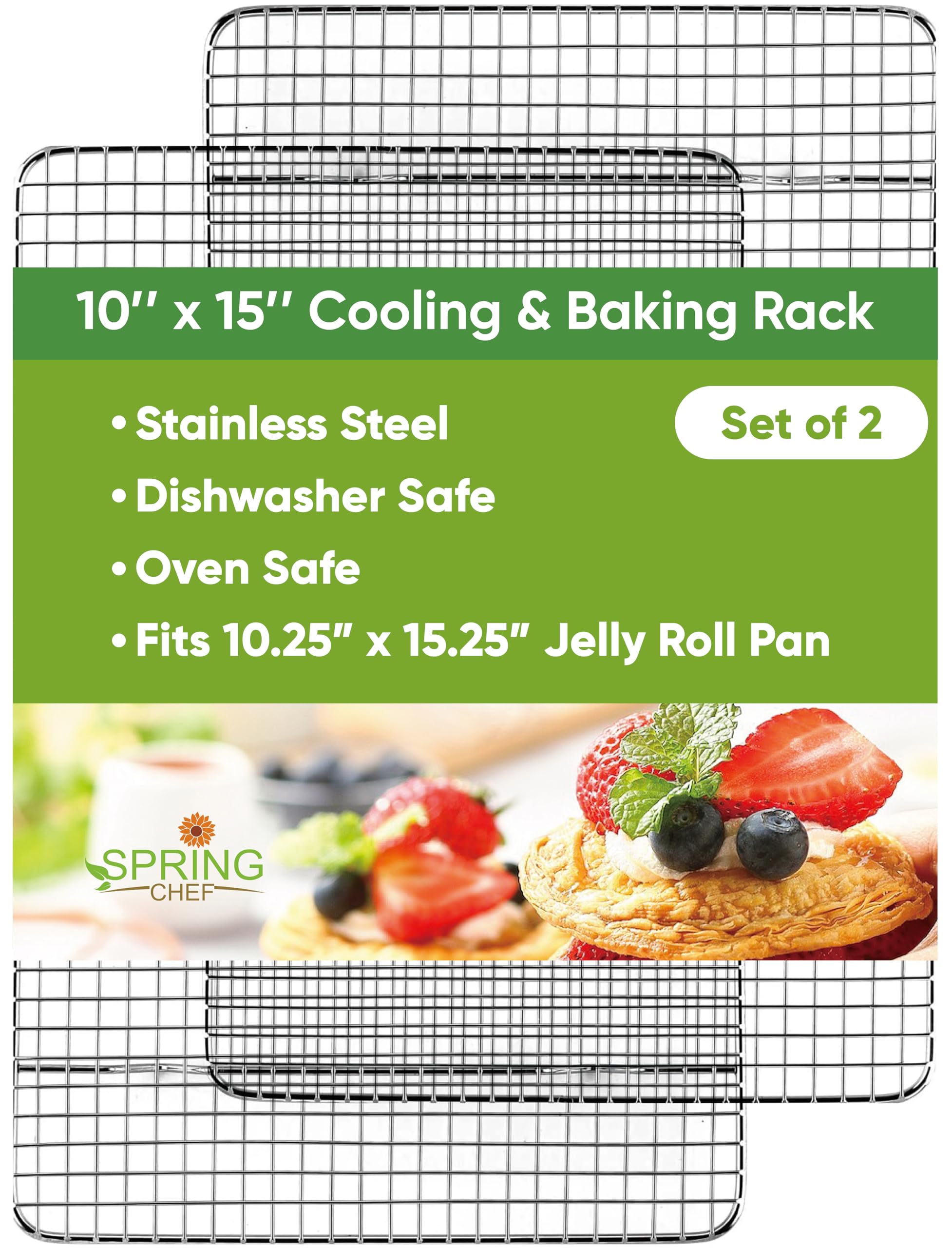 Spring Chef stainless steel cooling rack overview shows even air flow for cooling.