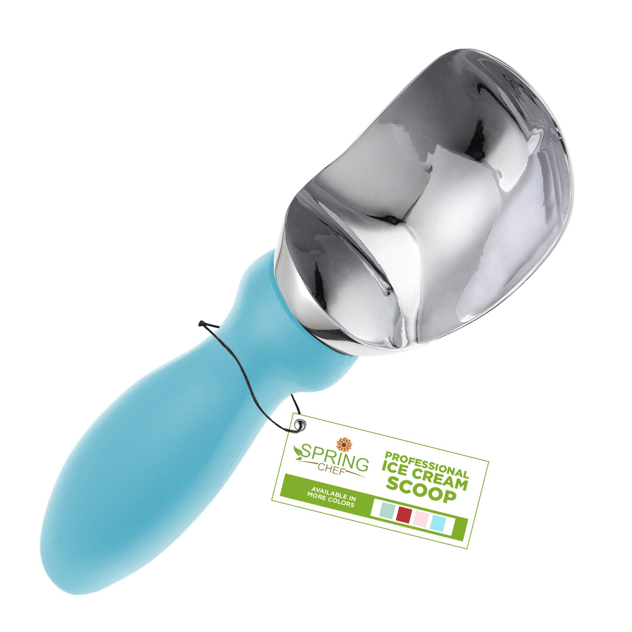Spring Chef stainless steel ice cream scoop with soft grip handle for smooth scooping.