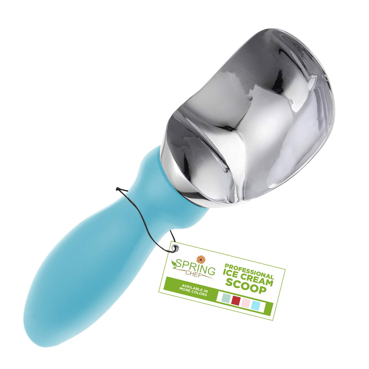 Spring Chef stainless steel ice cream scoop with soft grip handle for smooth scooping.