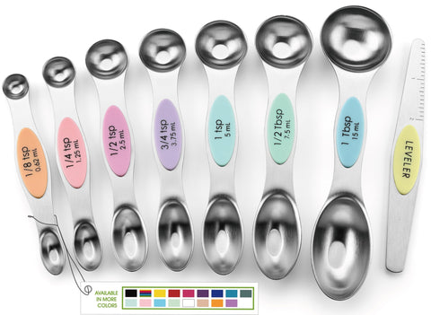 Spring Chef stainless steel magnetic spoons set demonstrates durable eight-piece design that saves space.