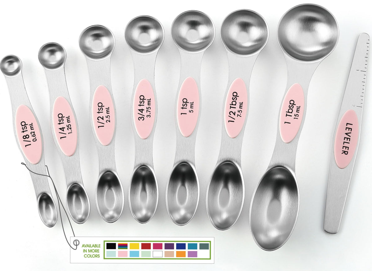 Spring Chef stainless steel magnetic spoons with leveler for precise measuring.
