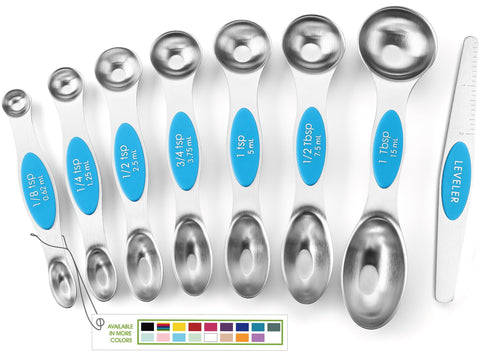 Spring Chef stainless steel magnetic spoons with leveler for precise measurements.
