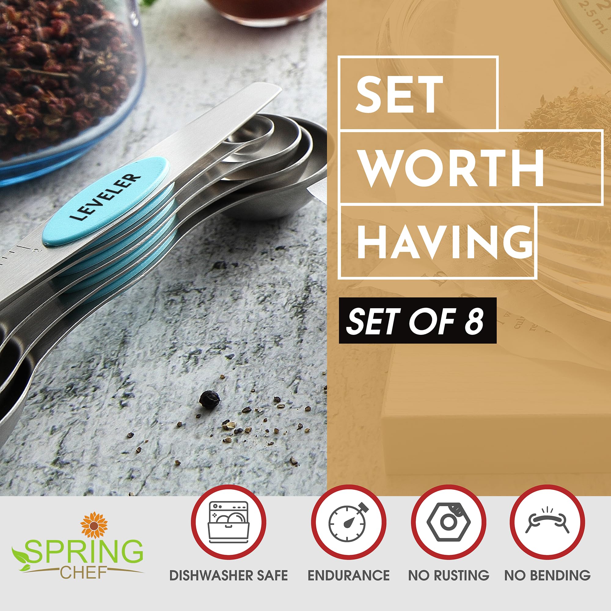 Spring Chef stainless steel spoons, magnetic storage to declutter the drawer.