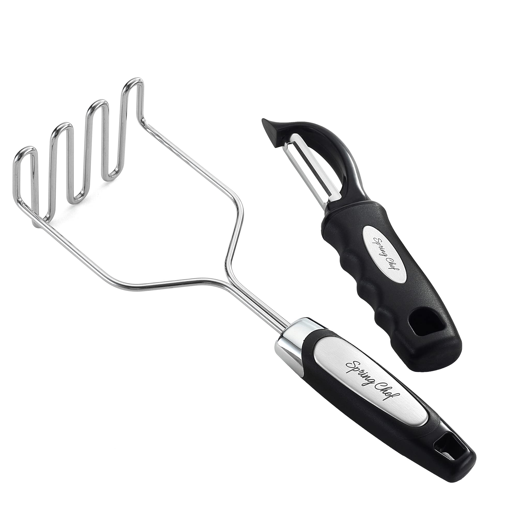 Spring Chef stainless steel potato masher shows durable construction for smooth texture.