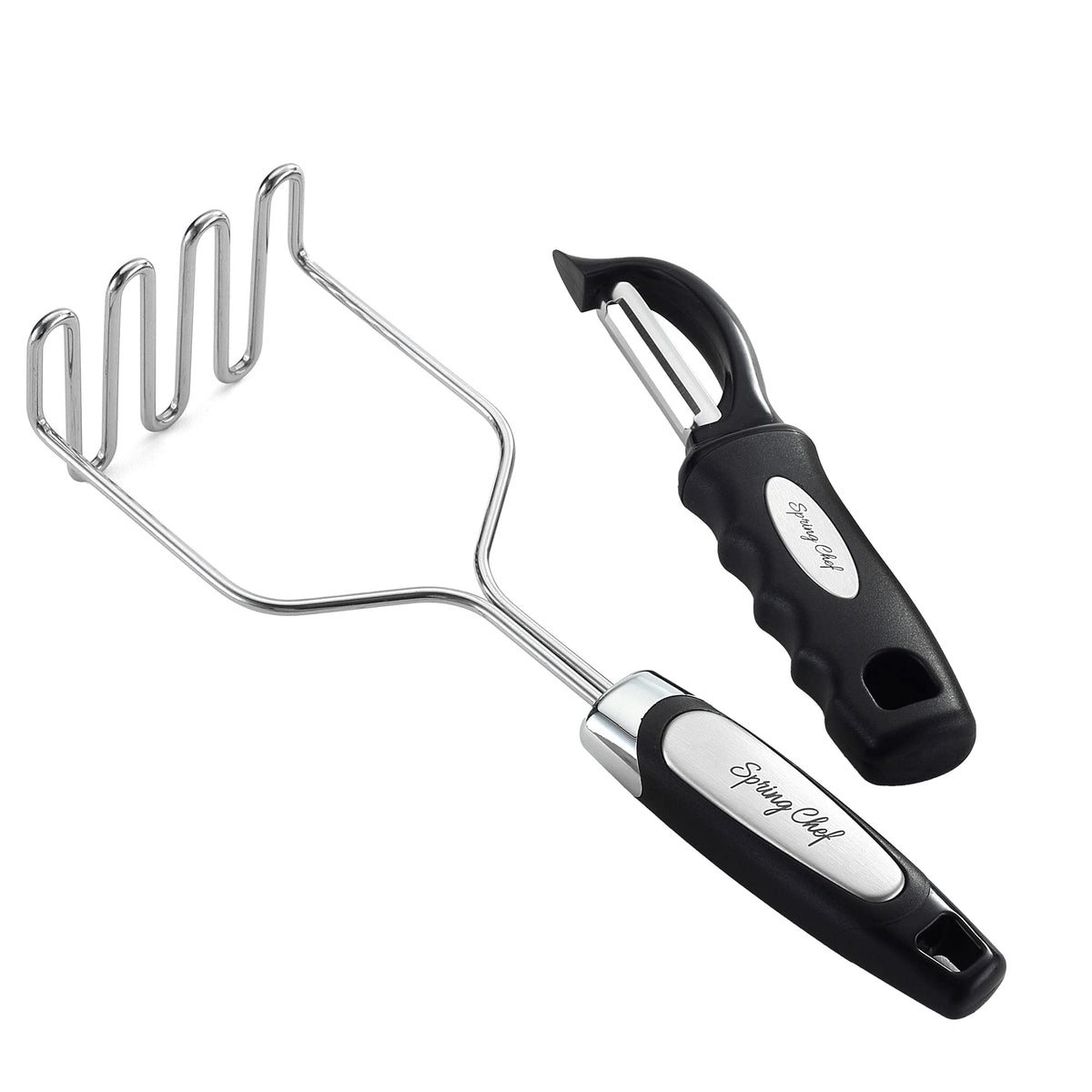 Spring Chef stainless steel potato masher shows durable construction for smooth texture.