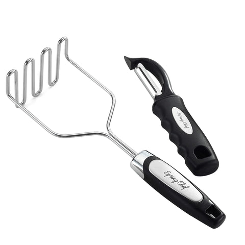 Spring Chef stainless steel potato masher shows durable construction for smooth texture.