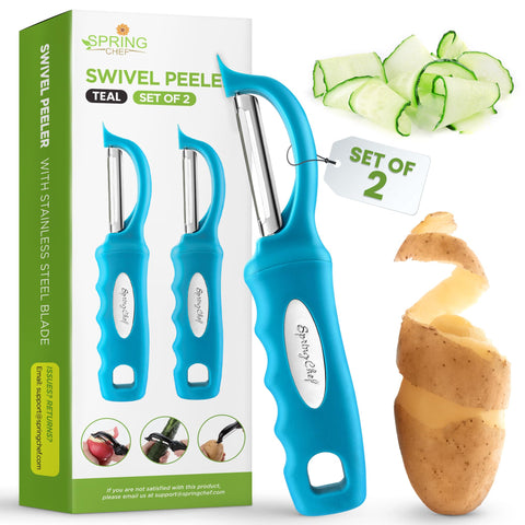 Spring Chef swivel potato peeler teal—sharp blades glide smoothly for effortless peeling.