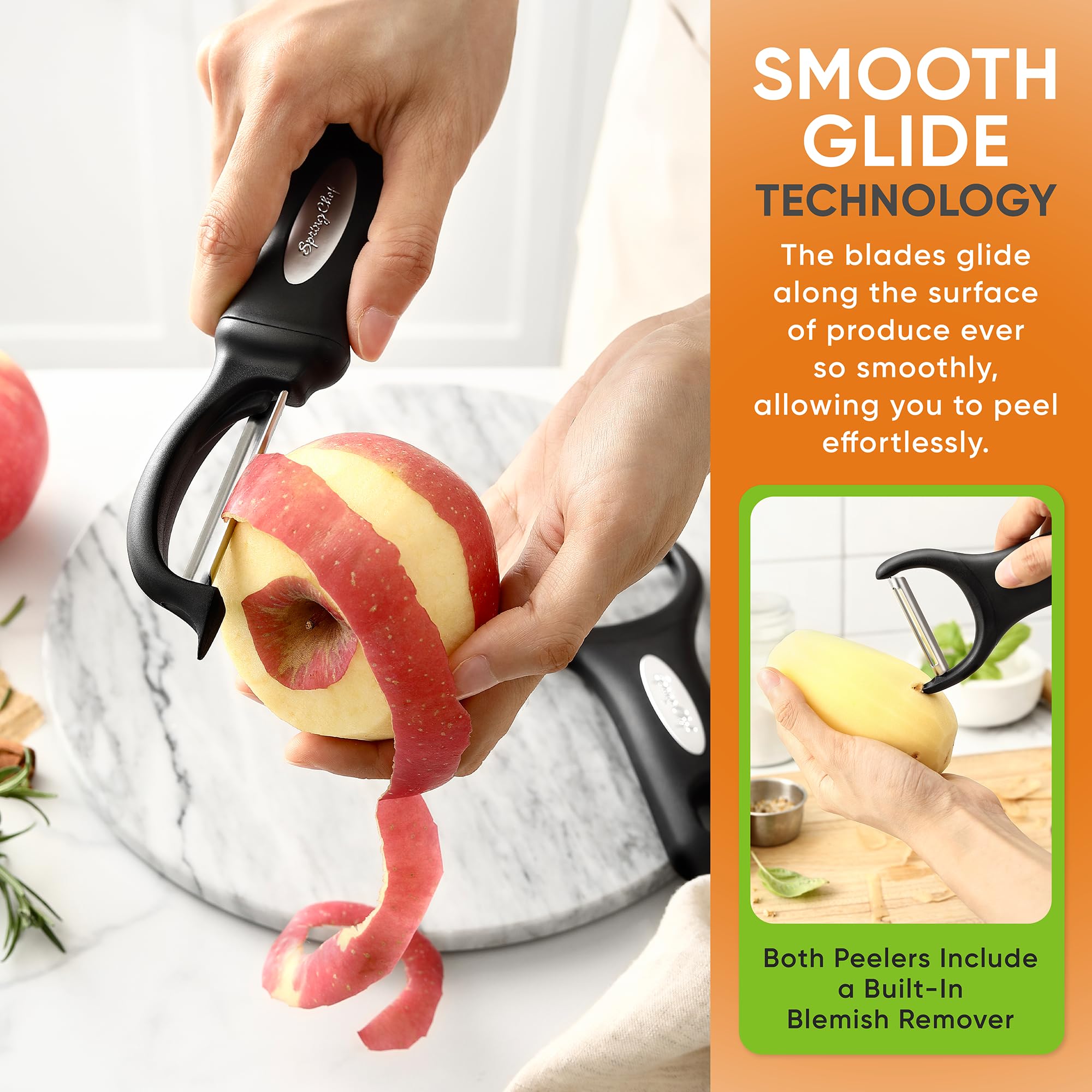 Spring Chef Swivel Peeler built-in blemish remover ready for quick surface prep.
