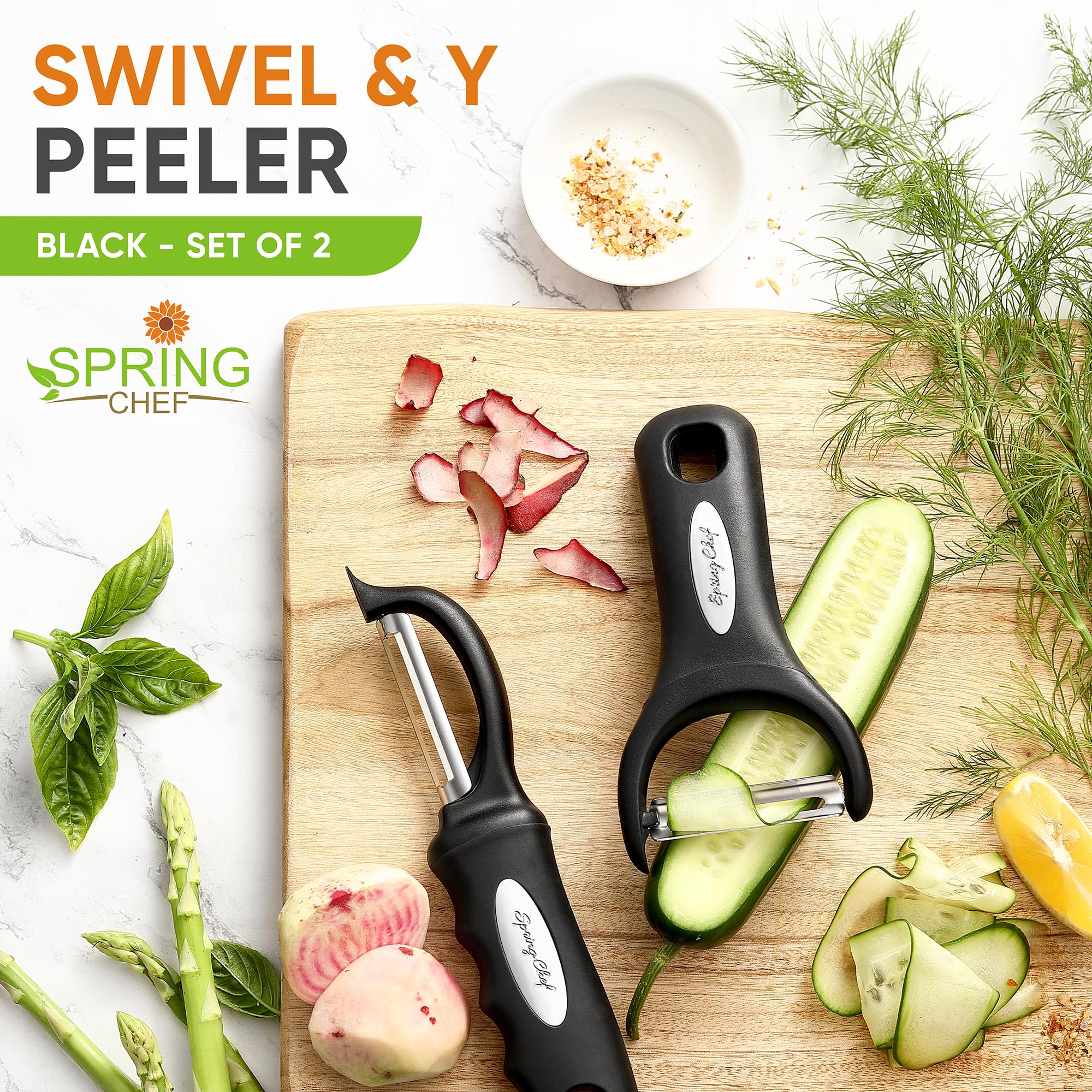 Spring Chef Swivel Peeler soft-grip handle held in hand for comfortable peeling.