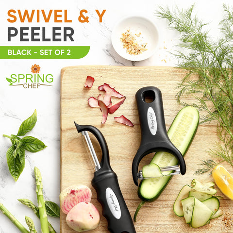 Spring Chef Swivel Peeler soft-grip handle held in hand for comfortable peeling.