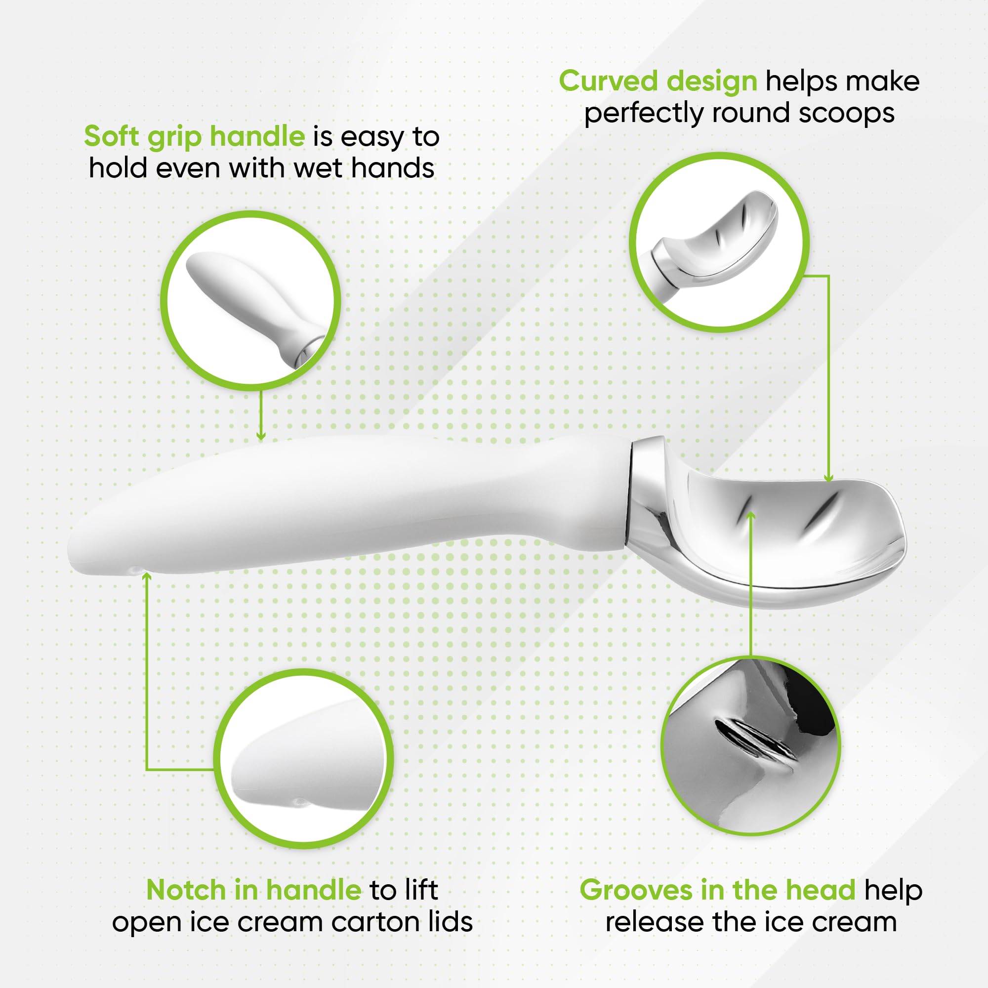 Spring Chef white scoop glides for smooth, effortless scooping