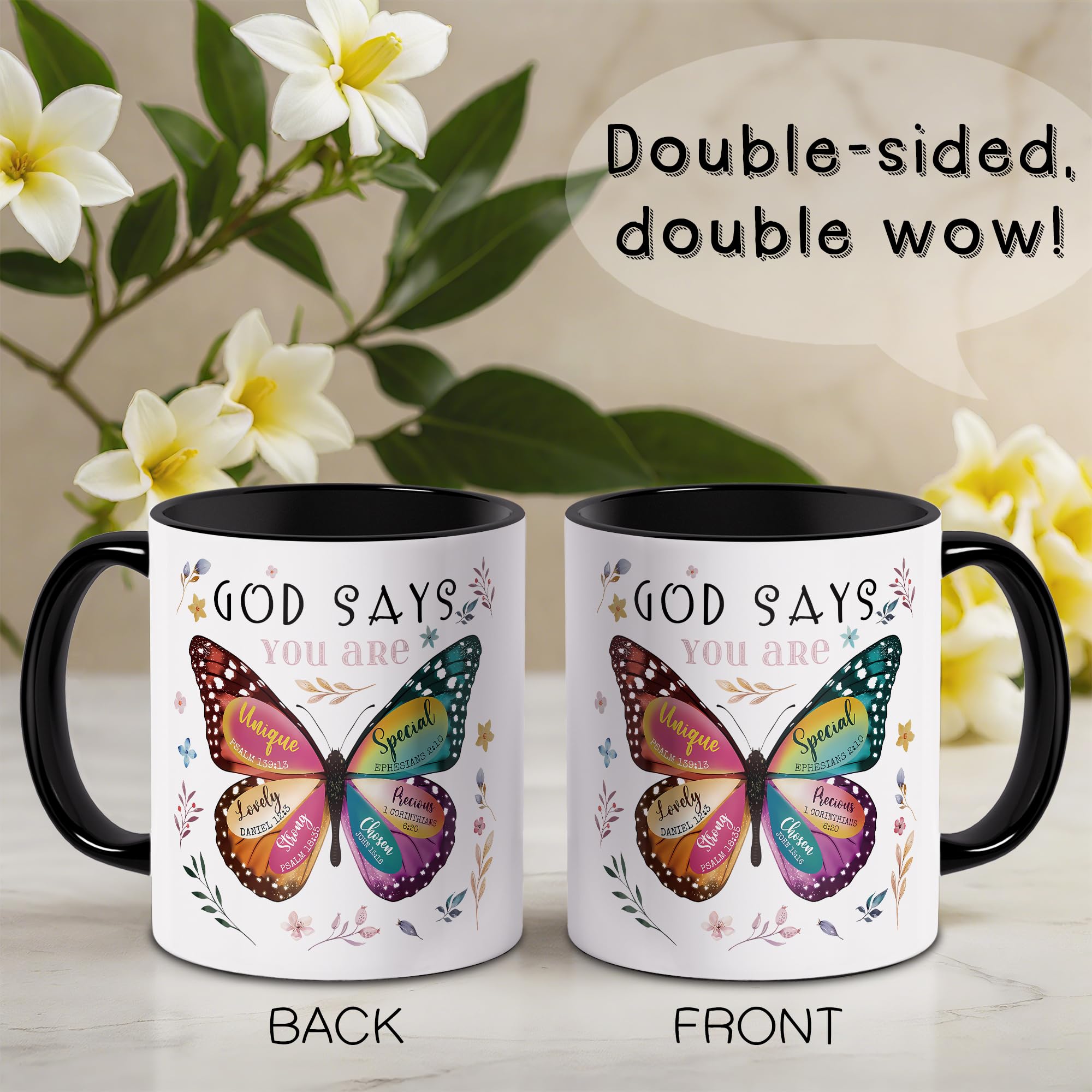 Spwasplo hand-painted flowers frame a butterfly for faith-inspired reflection.