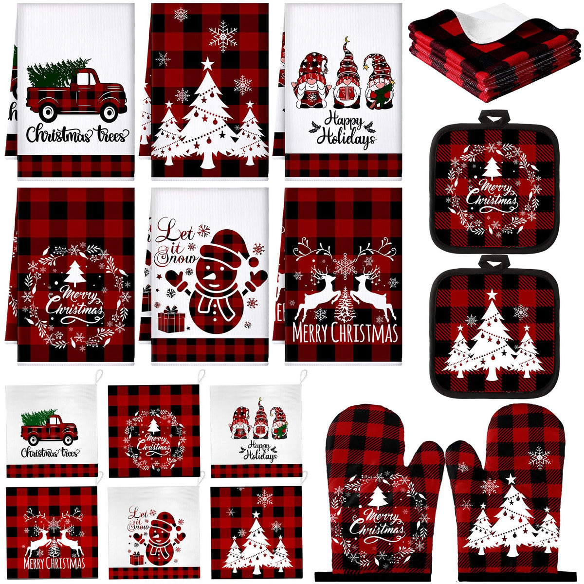 Sratte Christmas kitchen towels in red and black buffalo plaid, absorbent microfiber.