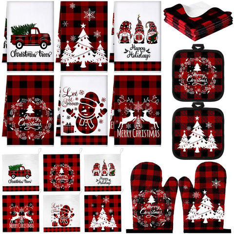 Sratte Christmas kitchen towels in red and black buffalo plaid, absorbent microfiber.