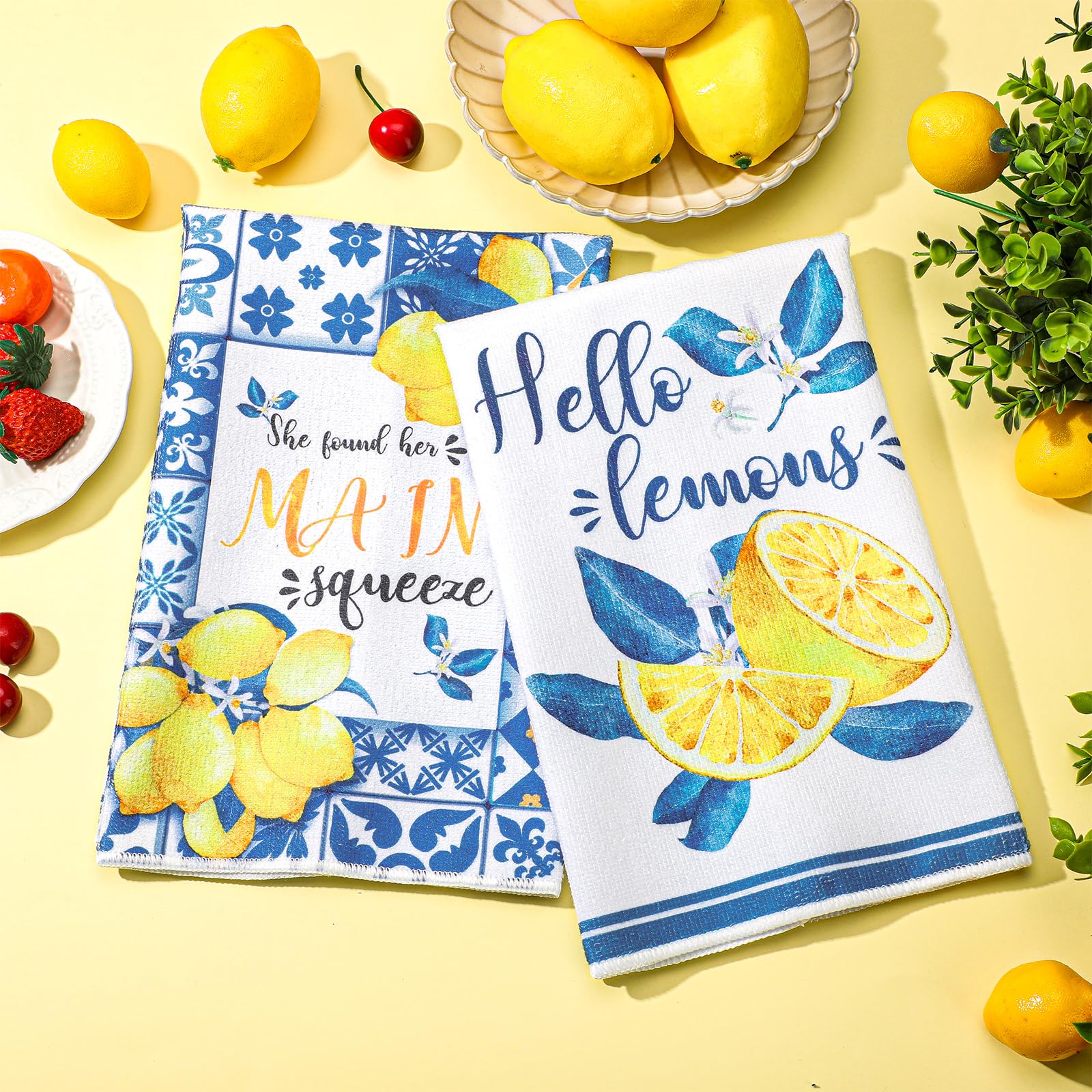 Sratte lemon tea pattern towel, blue and yellow design for stylish prep
