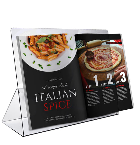 Srenta clear cookbook stand with tablet holder for easy recipe viewing.