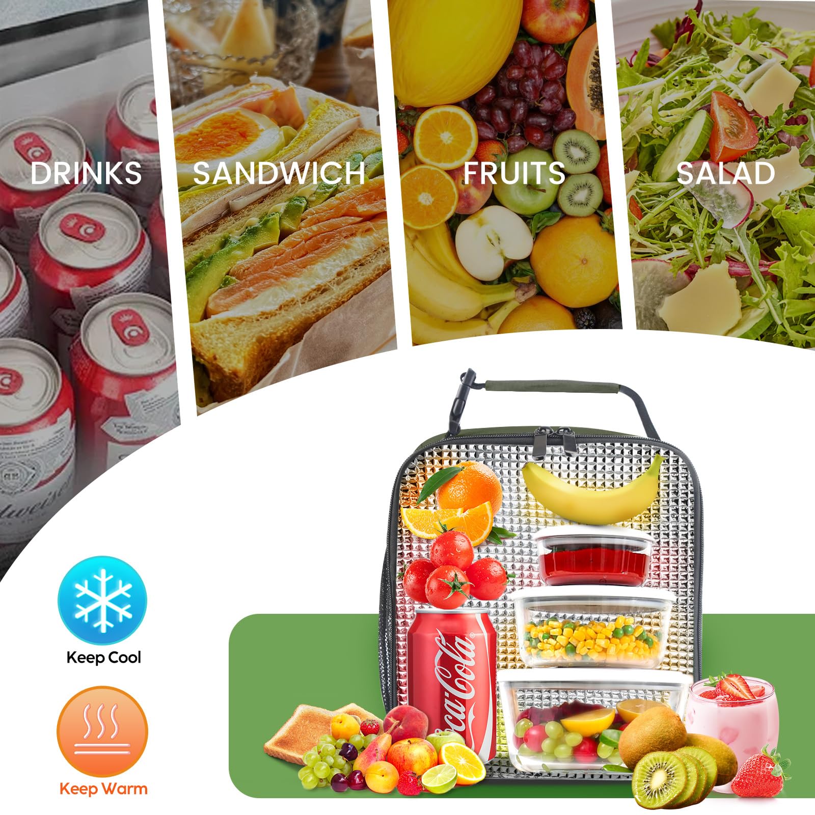 SRISE lunch bag fits sandwiches, drinks, and snacks for a full day