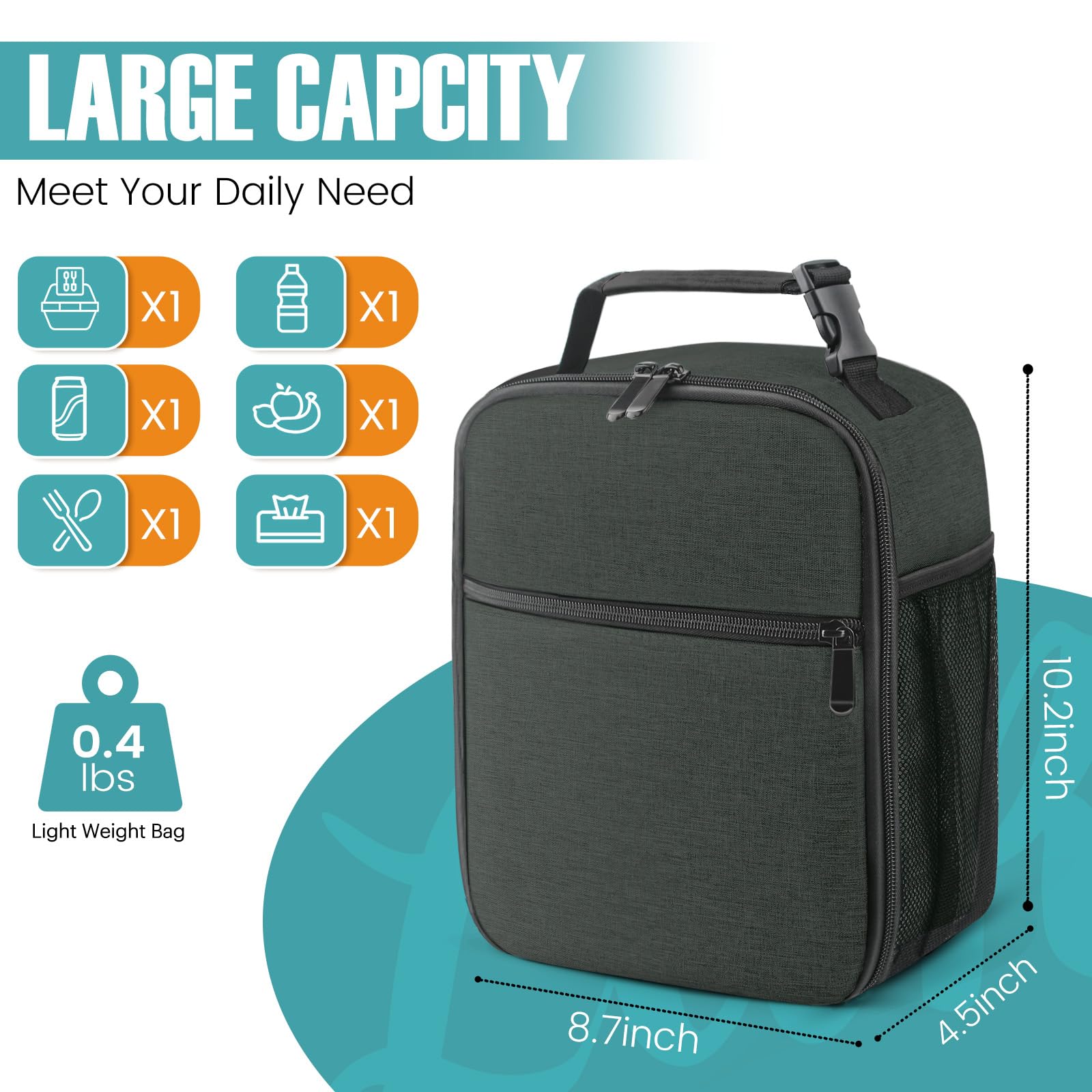SRISE lunch bag shows waterproof Oxford exterior protecting contents