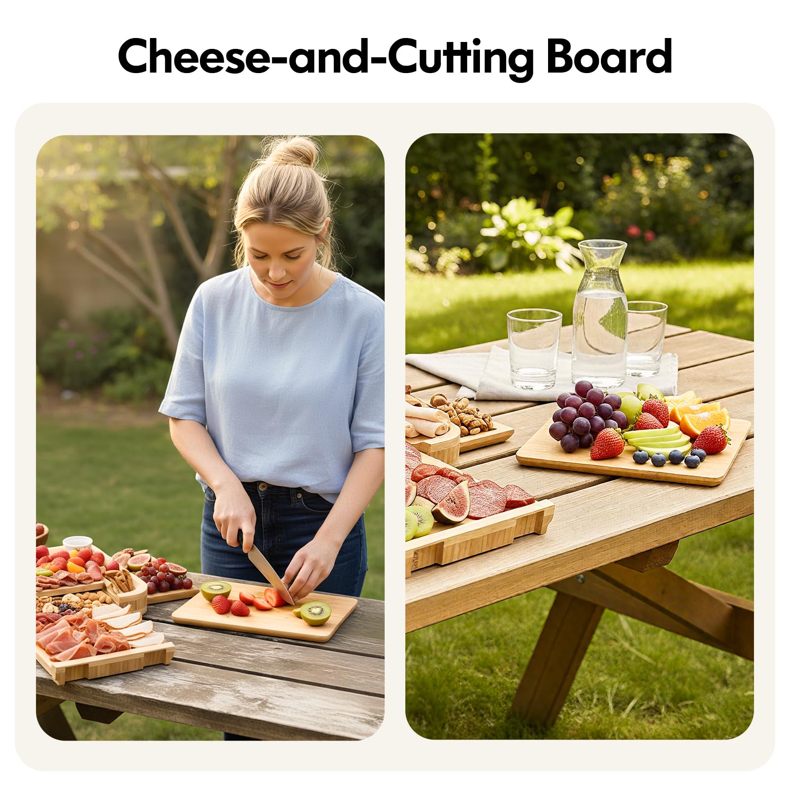 Side drawers and spacious surface for fruits, cheeses, and snacks