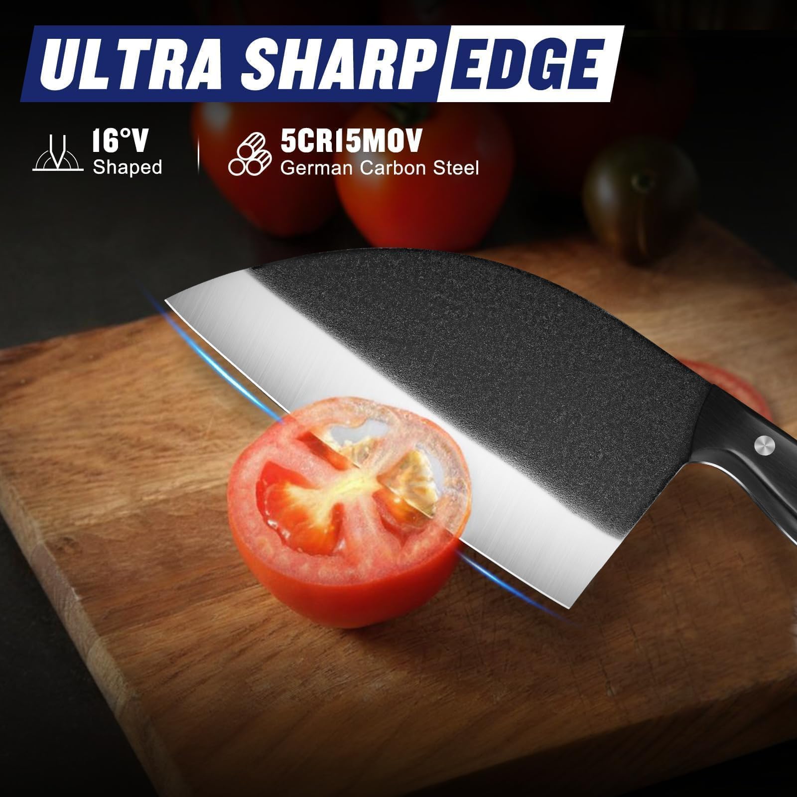 SSGP forging Serbian chef knife handle close-up highlights secure ergonomic grip for extended prep.