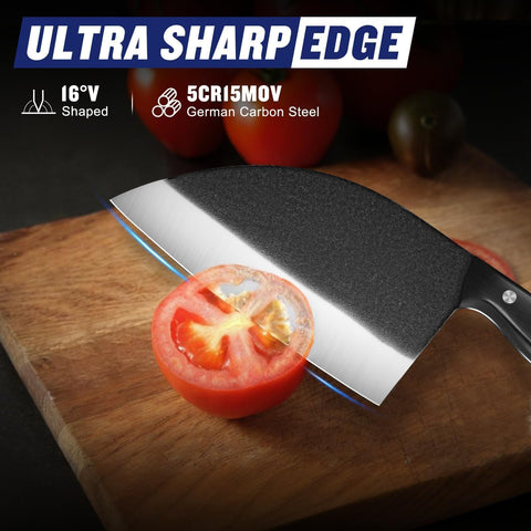 SSGP forging Serbian chef knife handle close-up highlights secure ergonomic grip for extended prep.