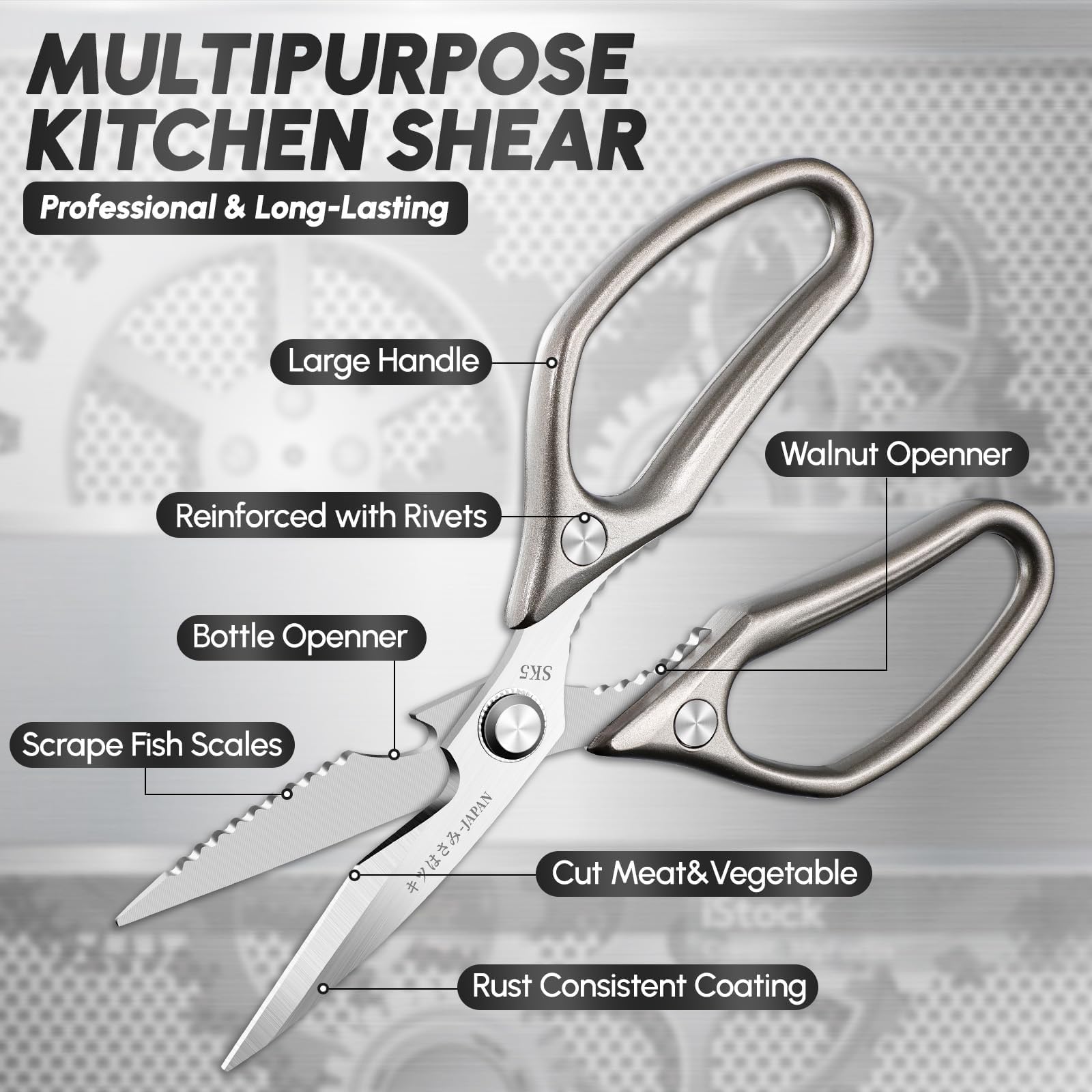 SSGP kitchen shears ergonomic-handle: comfortable grip reduces strain during extended chopping.
