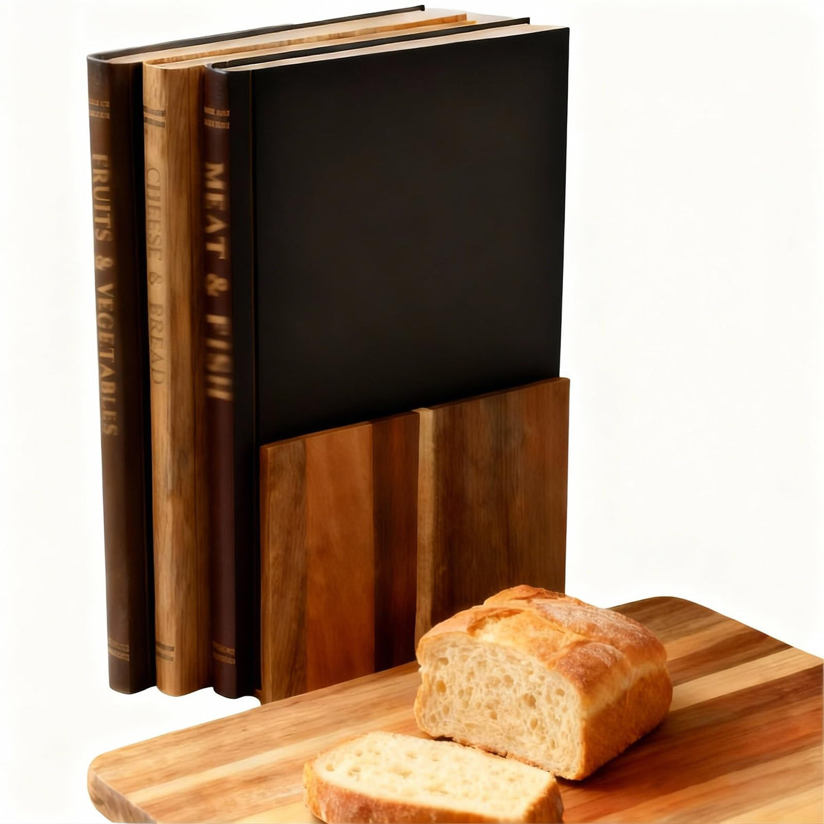 SSHIYEEY book-style cutting boards stacked on a stand for elegant kitchen display.