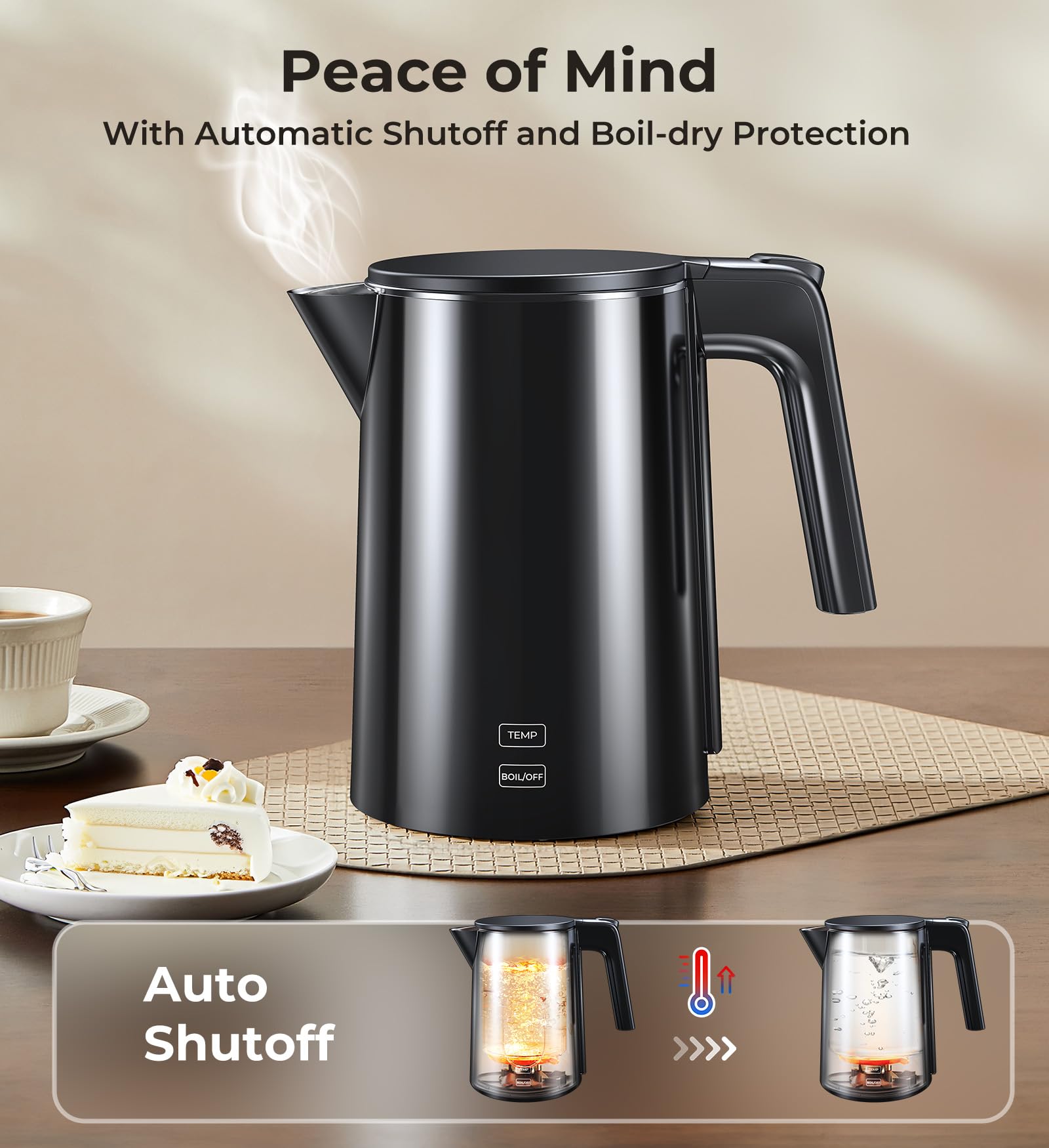 SSYFEI electric kettle auto shut-off prevents overheating.