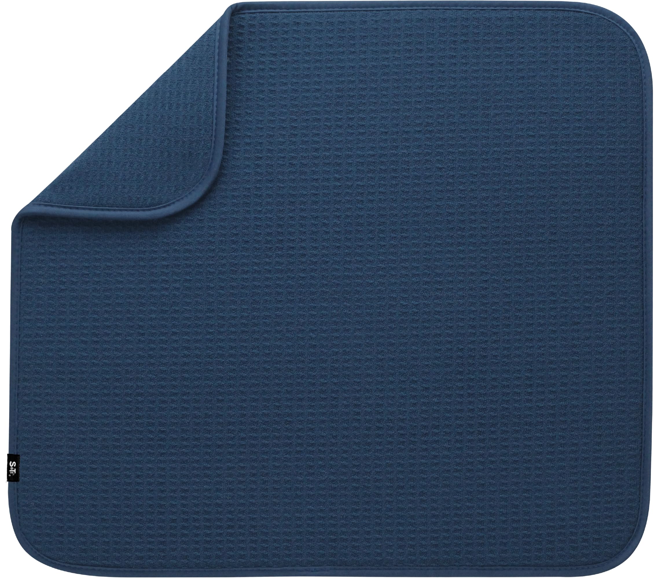 S&T INC. navy dish drying mat under a rack showing absorbent surface that keeps counters dry